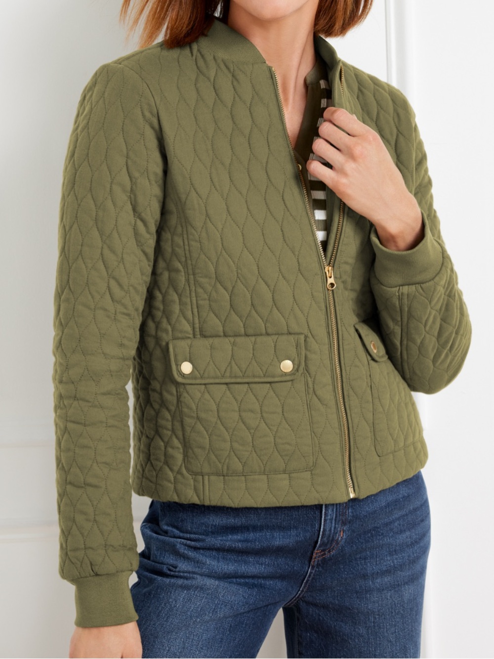 Talbots Women Size XL Olive Green Cotton Full Zip Quilted Bomber Jacket NWOT